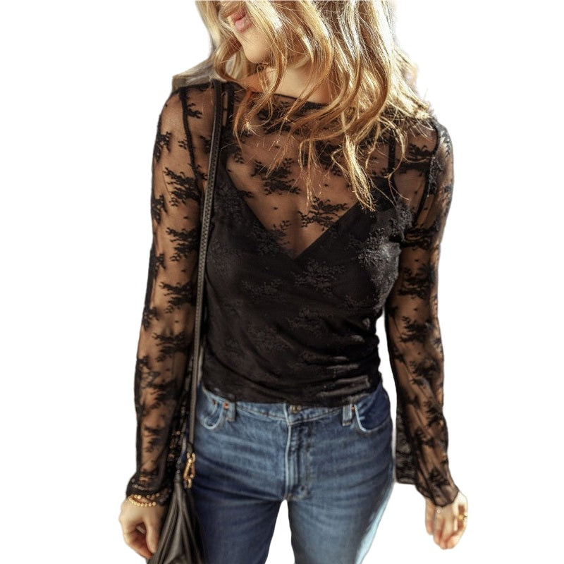 YNIQUE black lace mesh long sleeve blouse sheer floral top over camisole paired with jeans