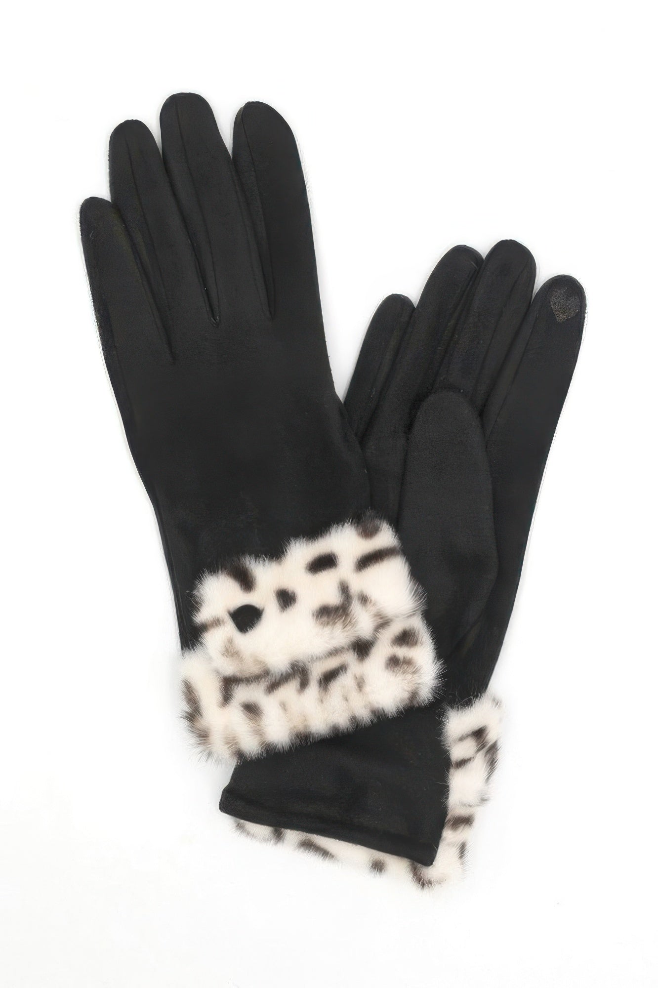 VacationGrabs women black winter gloves with leopard print faux fur cuff gloves and touchscreen fingertip