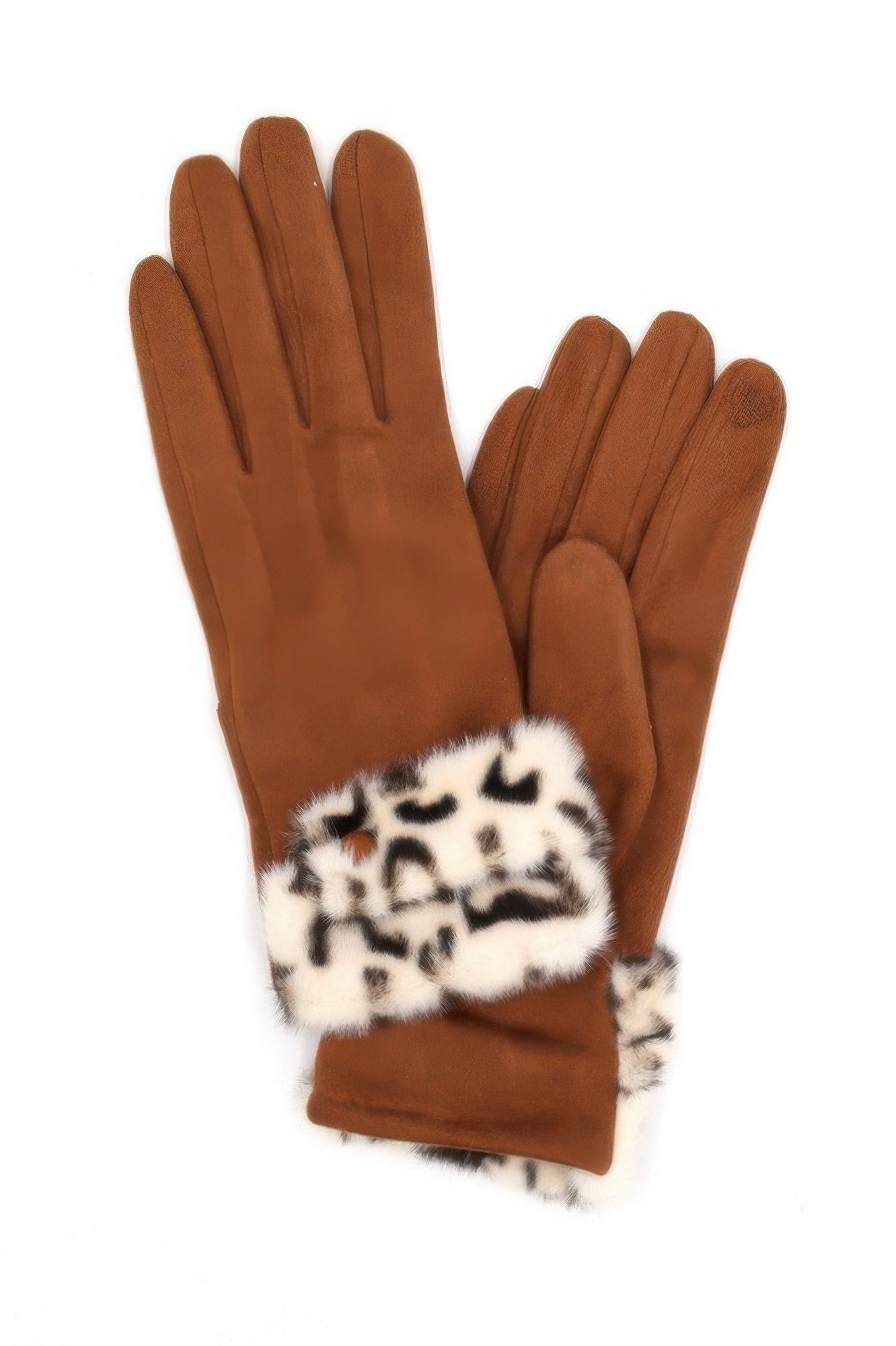 VacationGrabs brown suede gloves for women with leopard print faux fur cuff gloves for cold weather