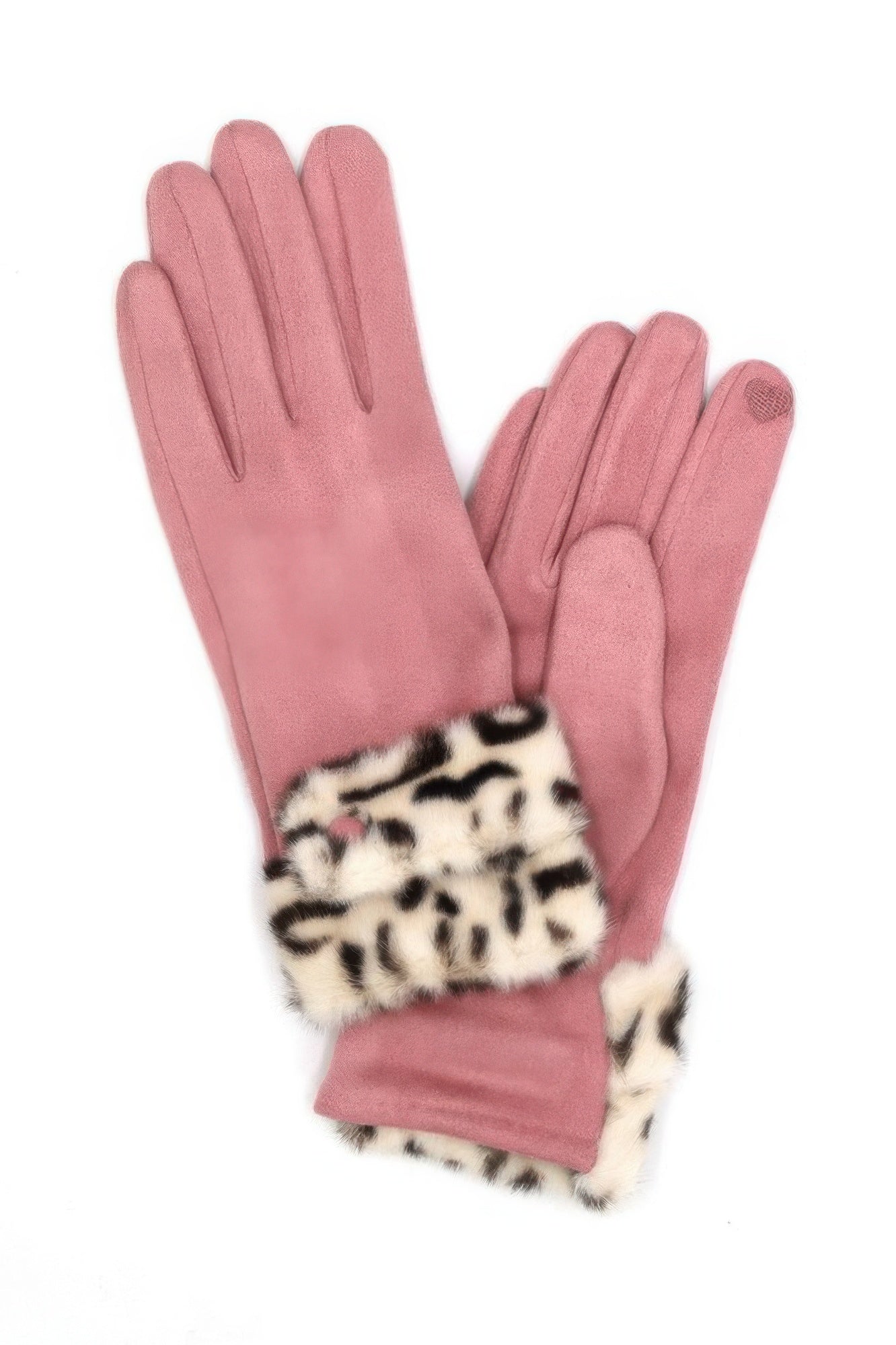 VacationGrabs pink suede gloves for women with leopard print faux fur cuff gloves and touchscreen tip