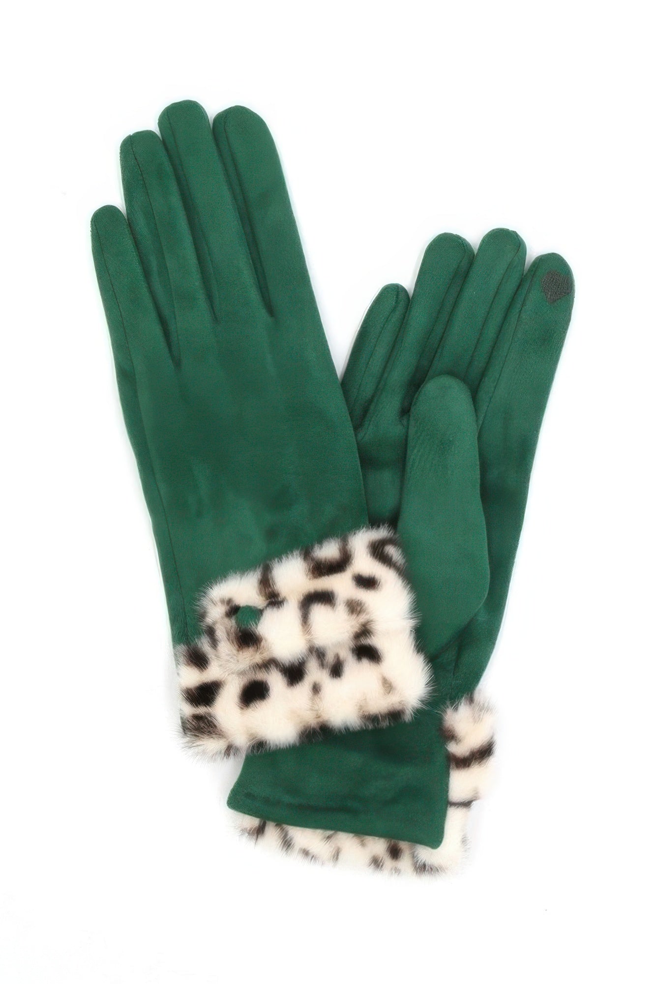 VacationGrabs green suede womens gloves with leopard print faux fur cuff gloves for winter