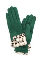 VacationGrabs green suede womens gloves with leopard print faux fur cuff gloves for winter