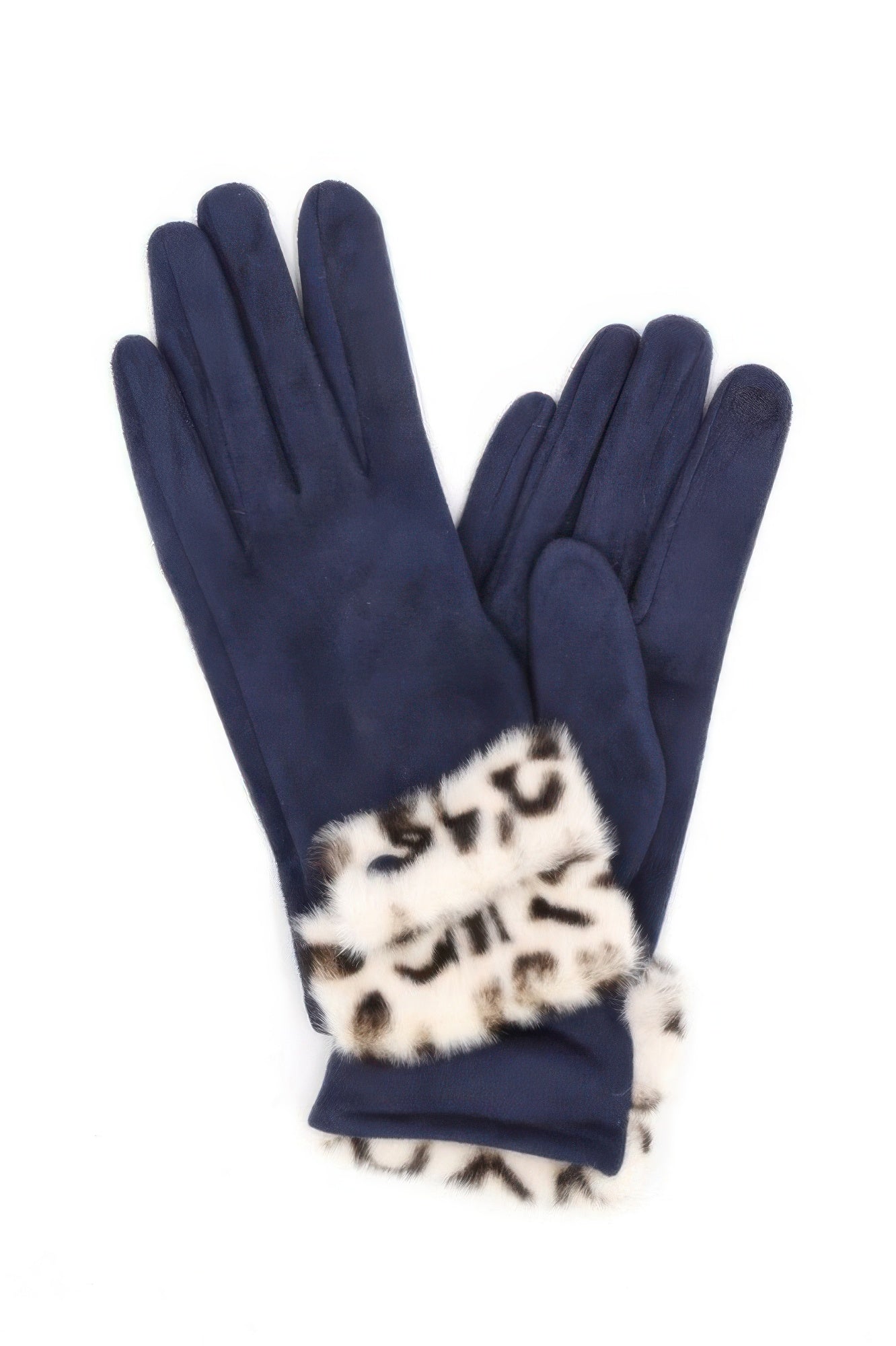 VacationGrabs navy womens gloves with leopard print faux fur cuff gloves for cozy winter wear