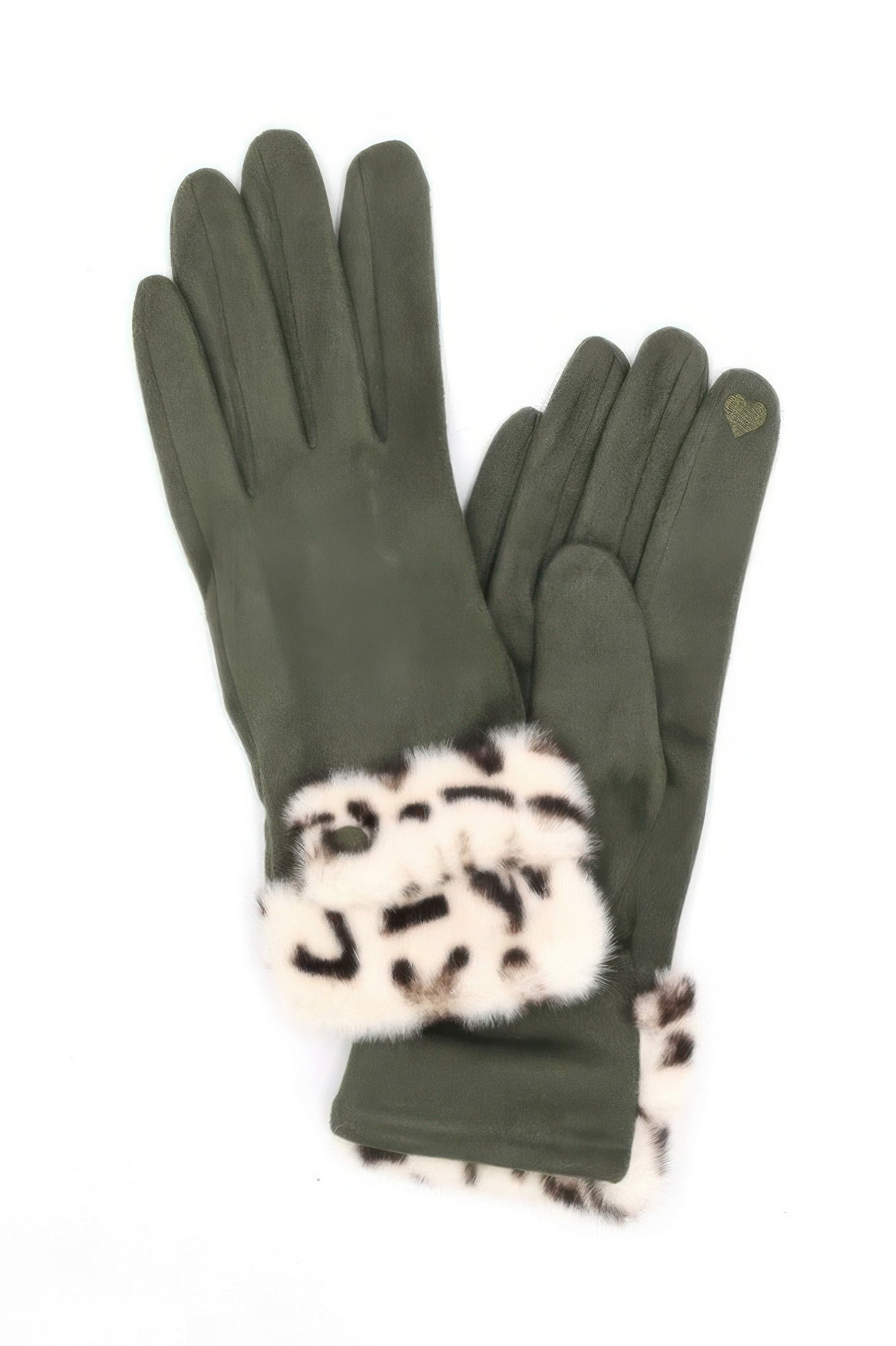 VacationGrabs olive green womens gloves with leopard print faux fur cuff gloves and heart detail