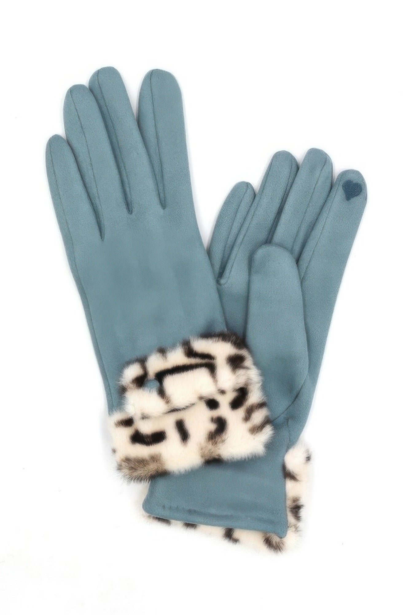 VacationGrabs teal leather womens gloves with leopard print faux fur cuff gloves and touchscreen thumb