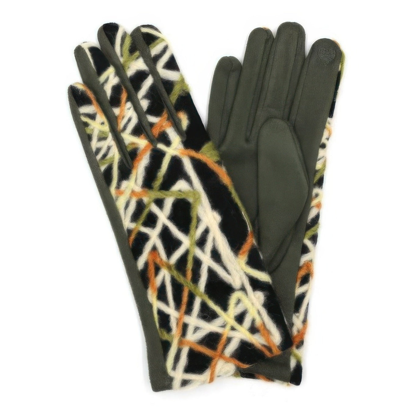 VacationGrabs women geometric embroidered touch screen gloves with multicolor stitched pattern and olive faux leather palms