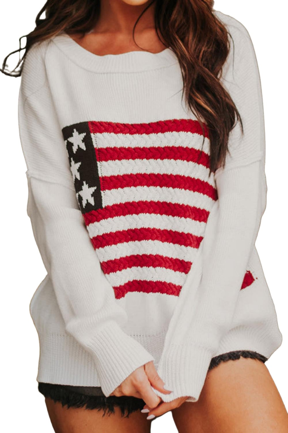 Women's Shirts US Flag Round Neck Long Sleeve Knit Top