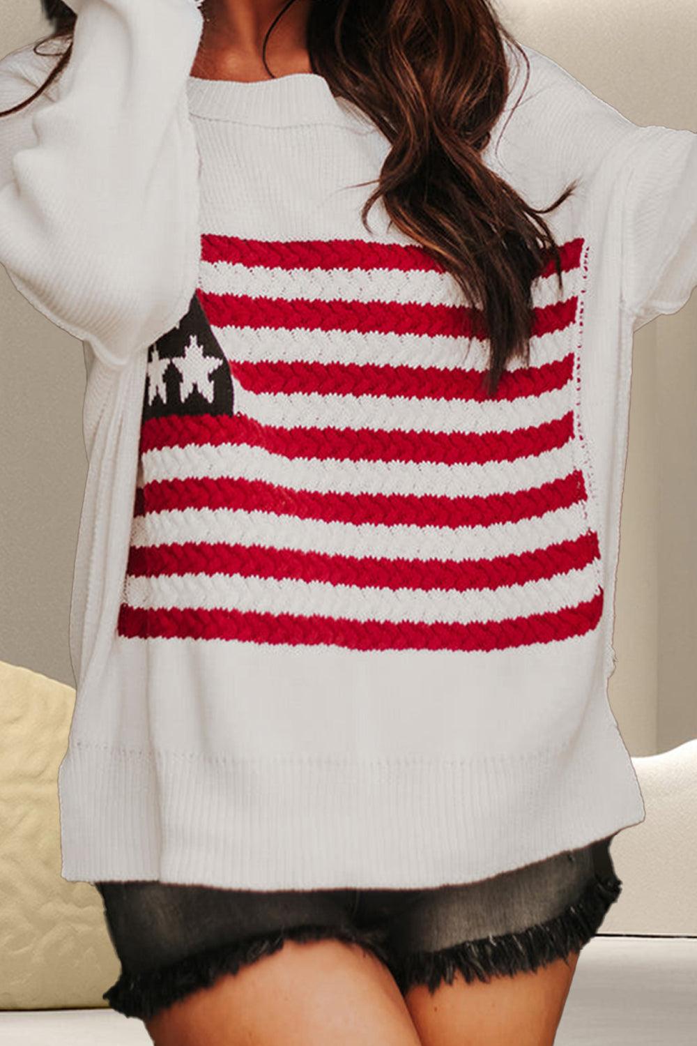 Women's Shirts US Flag Round Neck Long Sleeve Knit Top