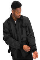 Men's WEIV utility strap jacket for men in black with multiple utility straps and pockets