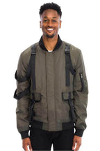 WEIV utility strap jacket for men in olive green with adjustable straps and a stylish design