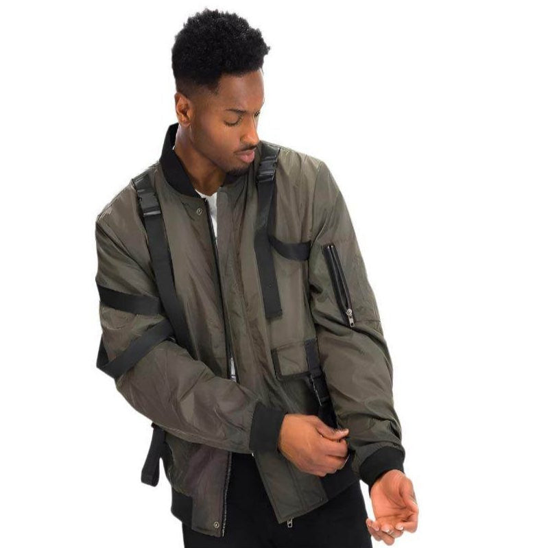 WEIV utility strap jacket for men in olive green with adjustable straps and stylish design