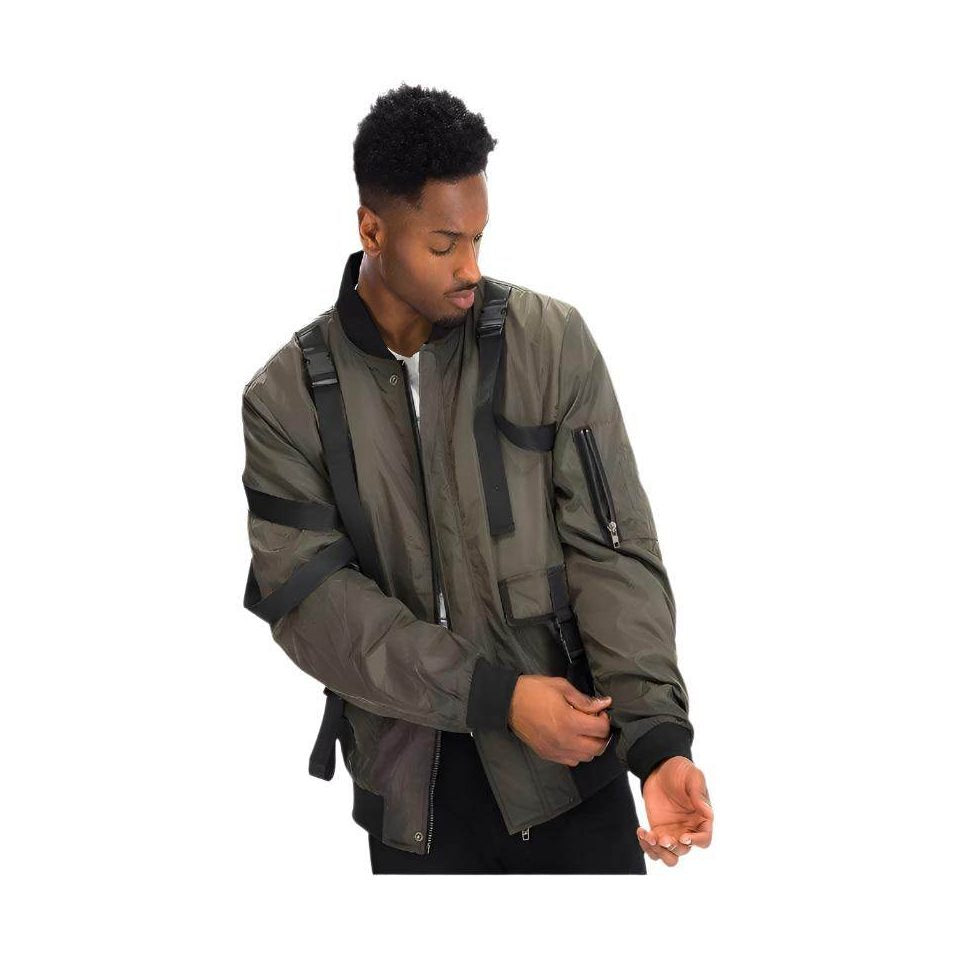 WEIV utility strap jacket for men in olive green with adjustable straps and stylish design