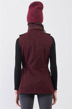 Tasha Apparel utility vest jacket for travel in burgundy with a flattering waist fit