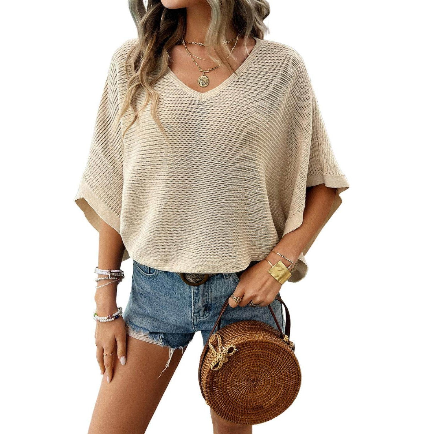 V-Neck Batwing Sleeve Knit Top - VacationGrabs