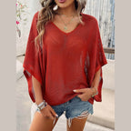 V-Neck Batwing Sleeve Knit Top - VacationGrabs