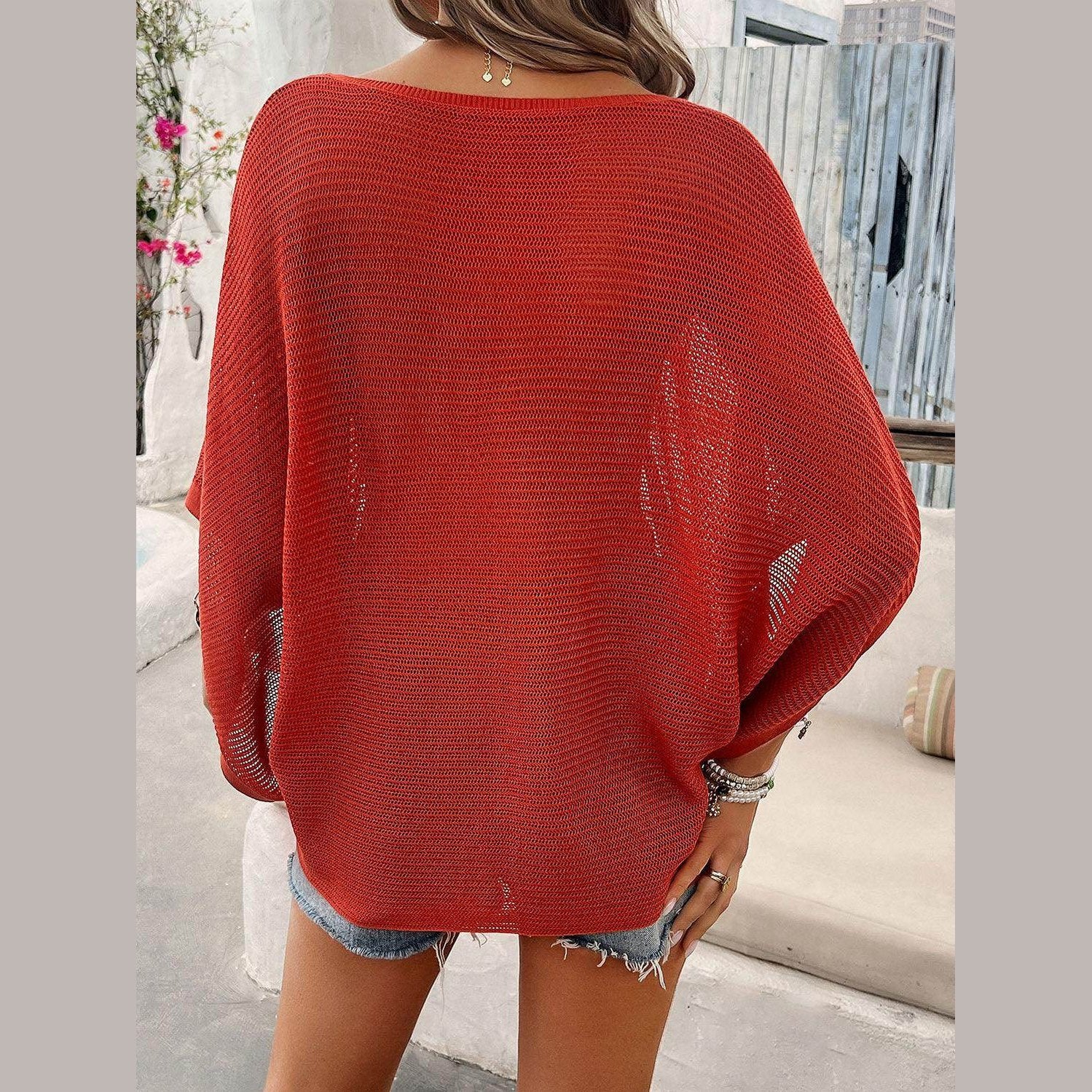 V-Neck Batwing Sleeve Knit Top - VacationGrabs