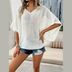 V-Neck Batwing Sleeve Knit Top - VacationGrabs