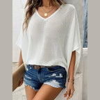 V-Neck Batwing Sleeve Knit Top - VacationGrabs