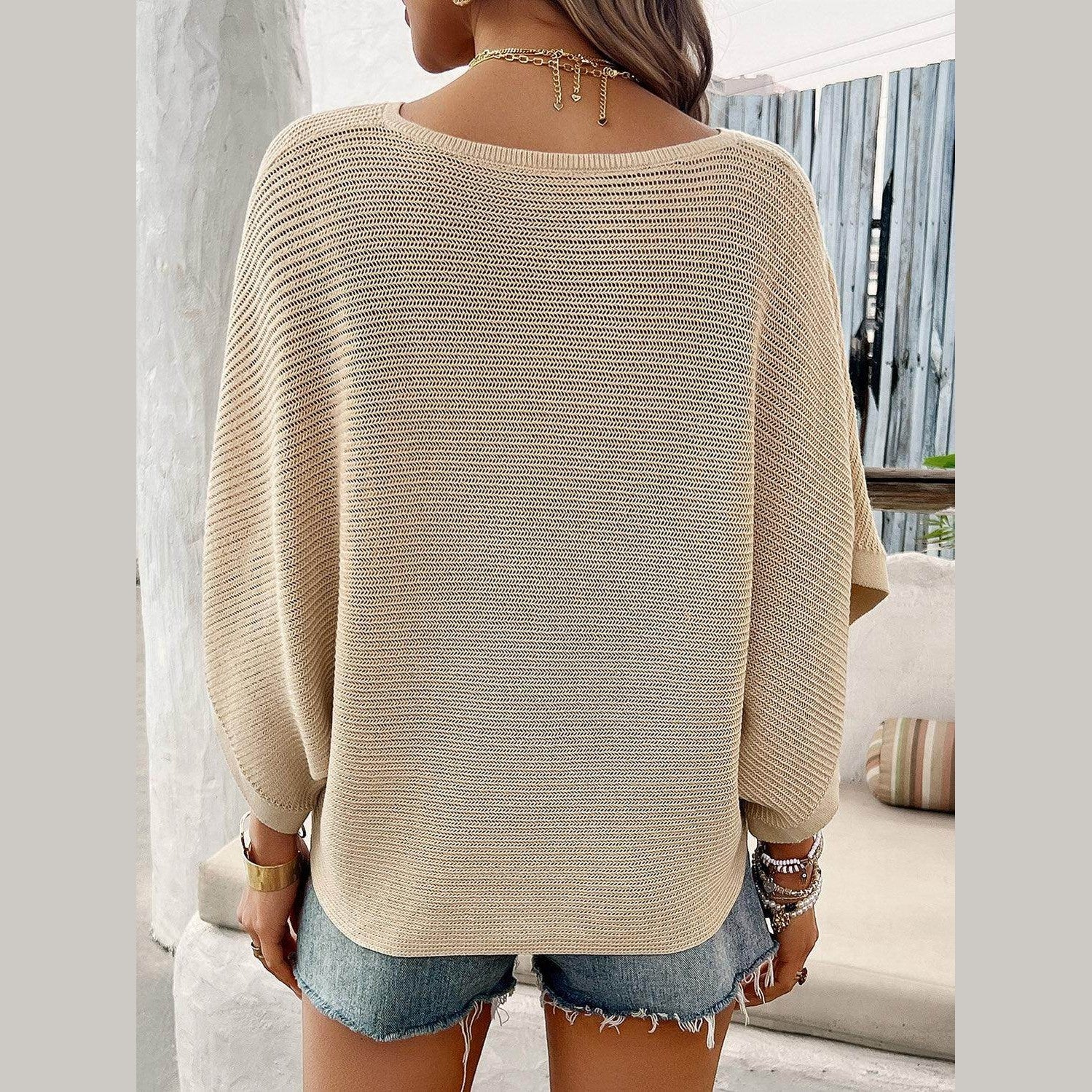 V-Neck Batwing Sleeve Knit Top - VacationGrabs