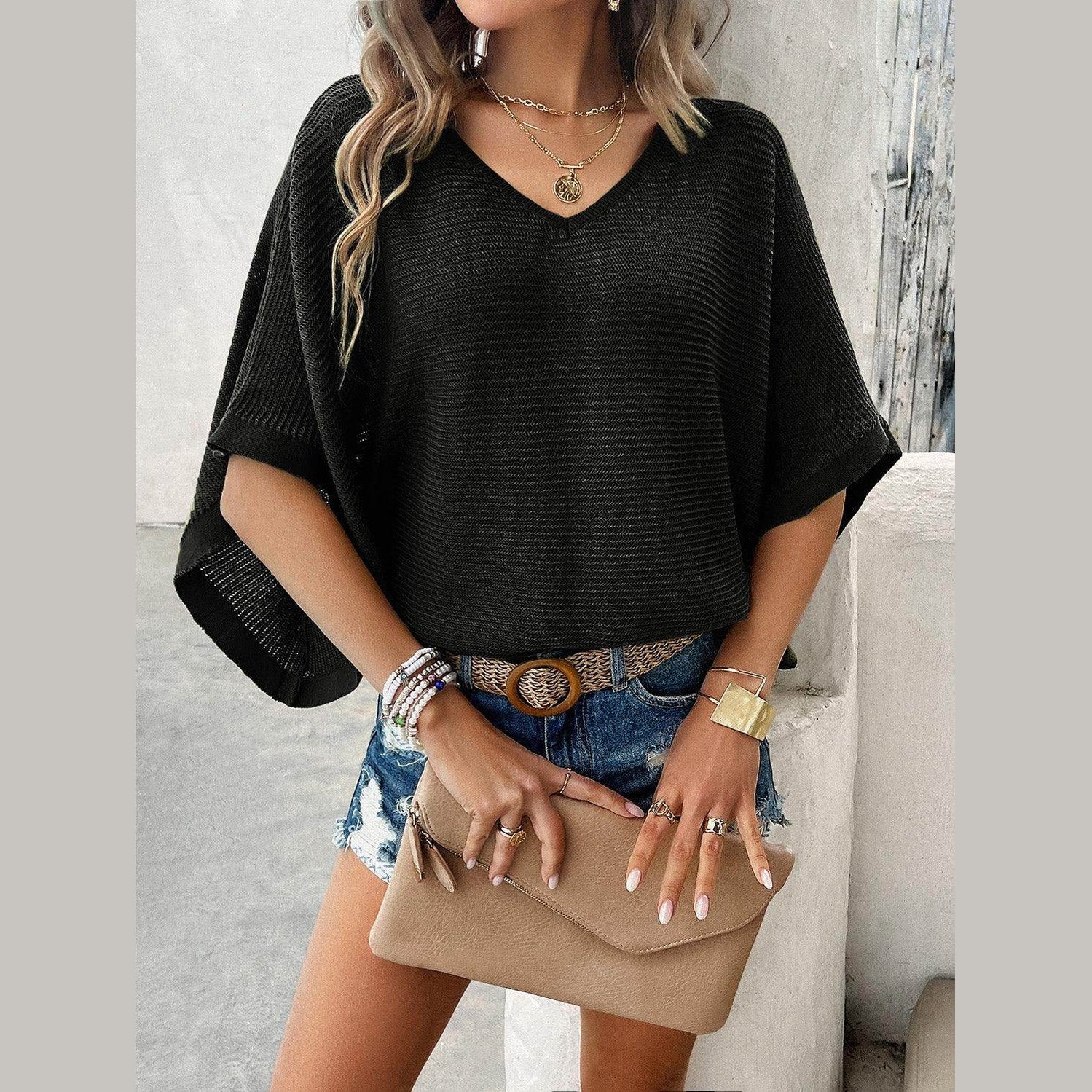 V-Neck Batwing Sleeve Knit Top - VacationGrabs