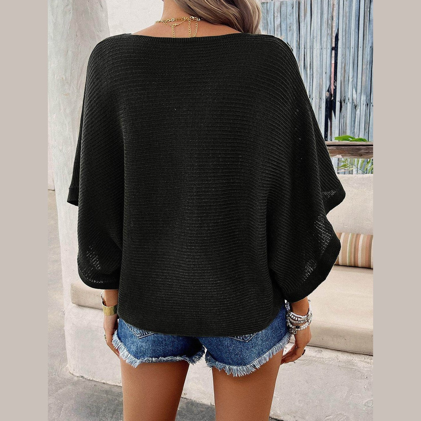 V-Neck Batwing Sleeve Knit Top - VacationGrabs