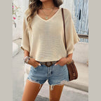 V-Neck Batwing Sleeve Knit Top - VacationGrabs