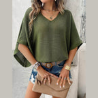 V-Neck Batwing Sleeve Knit Top - VacationGrabs