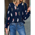 Women's Shirts V-Neck Feather Print Long-Sleeve Loose Top