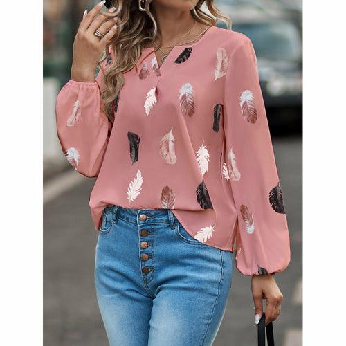 Women's Shirts V-Neck Feather Print Long-Sleeve Loose Top