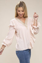 Women's Shirts V Neck Lace Trim Long Sleeve Blouse