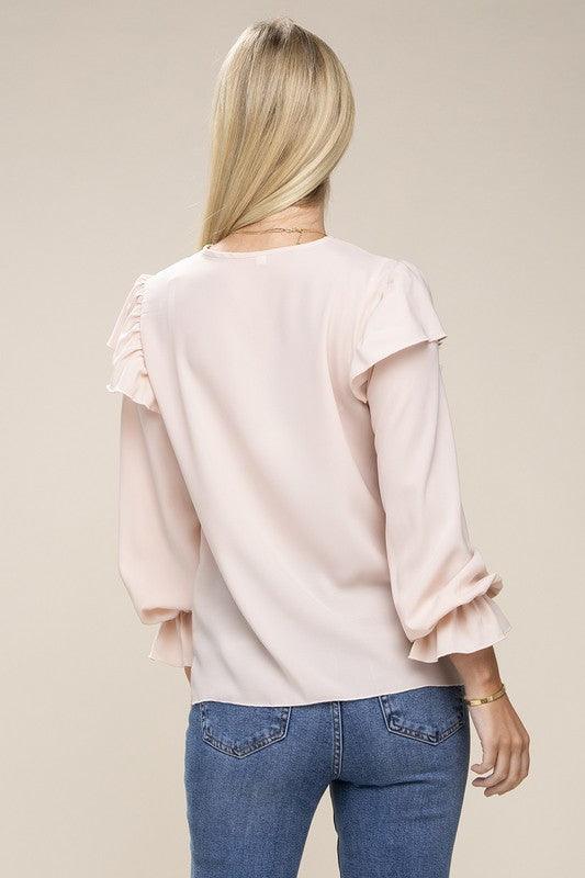 Women's Shirts V Neck Lace Trim Long Sleeve Blouse