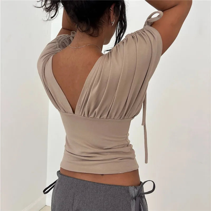 Women's beige v neck top, lightweight fabric for casual wear