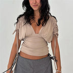 Women's beige v neck top, lightweight material, perfect for casual outings