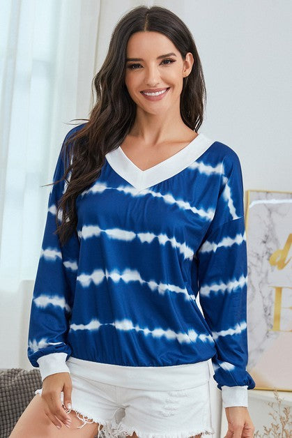 Women's blue tie-dye v neck top for casual wear