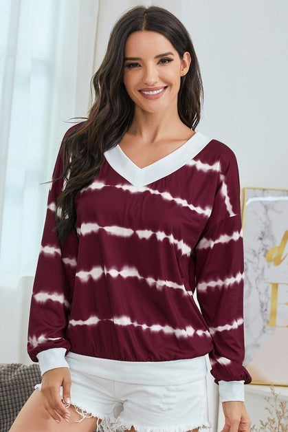 Women's burgundy tie-dye v neck top for casual wear