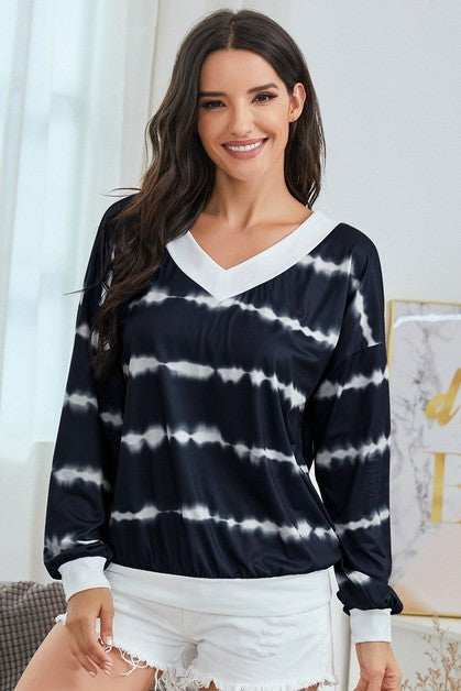 Women's navy tie-dye v neck top, perfect for casual outings