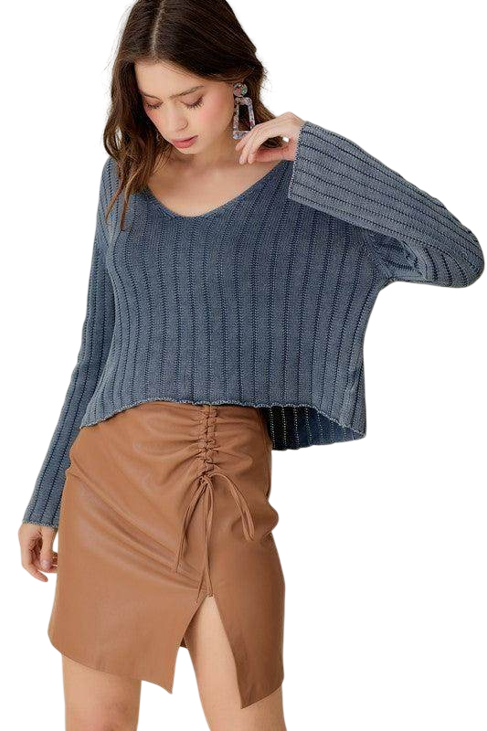 V-Neck Washed Crop Sweater