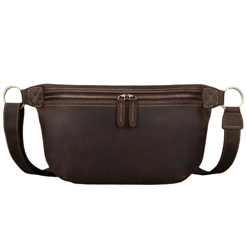 Vacation anti-theft bag in brown leather with secure zippers and adjustable strap for safe travels