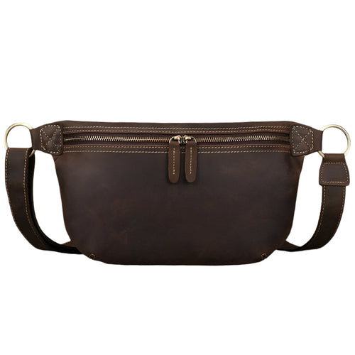 Vacation anti-theft bag in brown leather with secure zippers and adjustable strap for safe travels