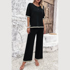 Vacation casual knitwear for women black two-piece outfit with white trim and wide-leg pants