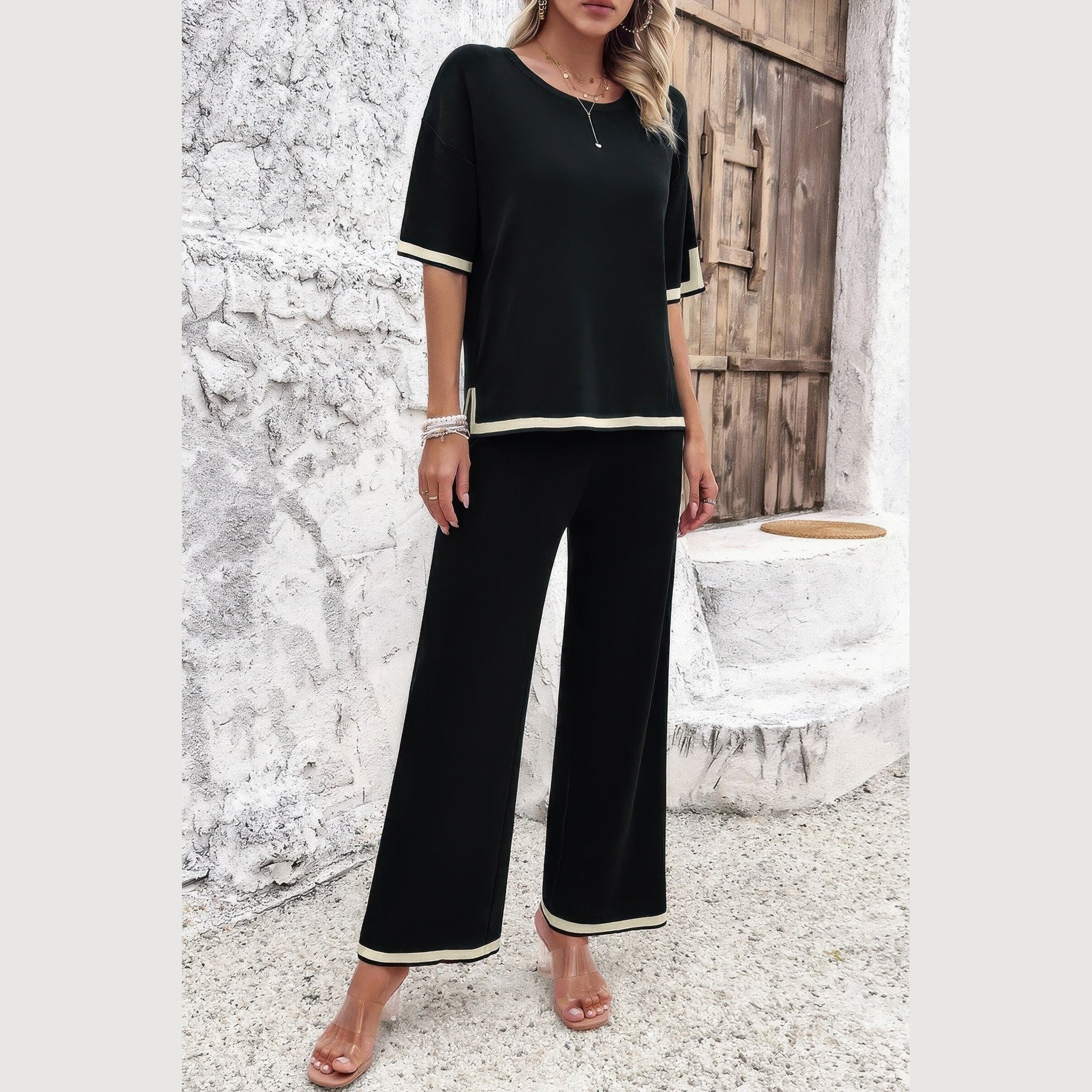 Vacation casual knitwear for women black two-piece outfit with white trim and wide-leg pants