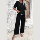 Vacation casual knitwear for women two-piece black outfit with white trim and wide-leg pants