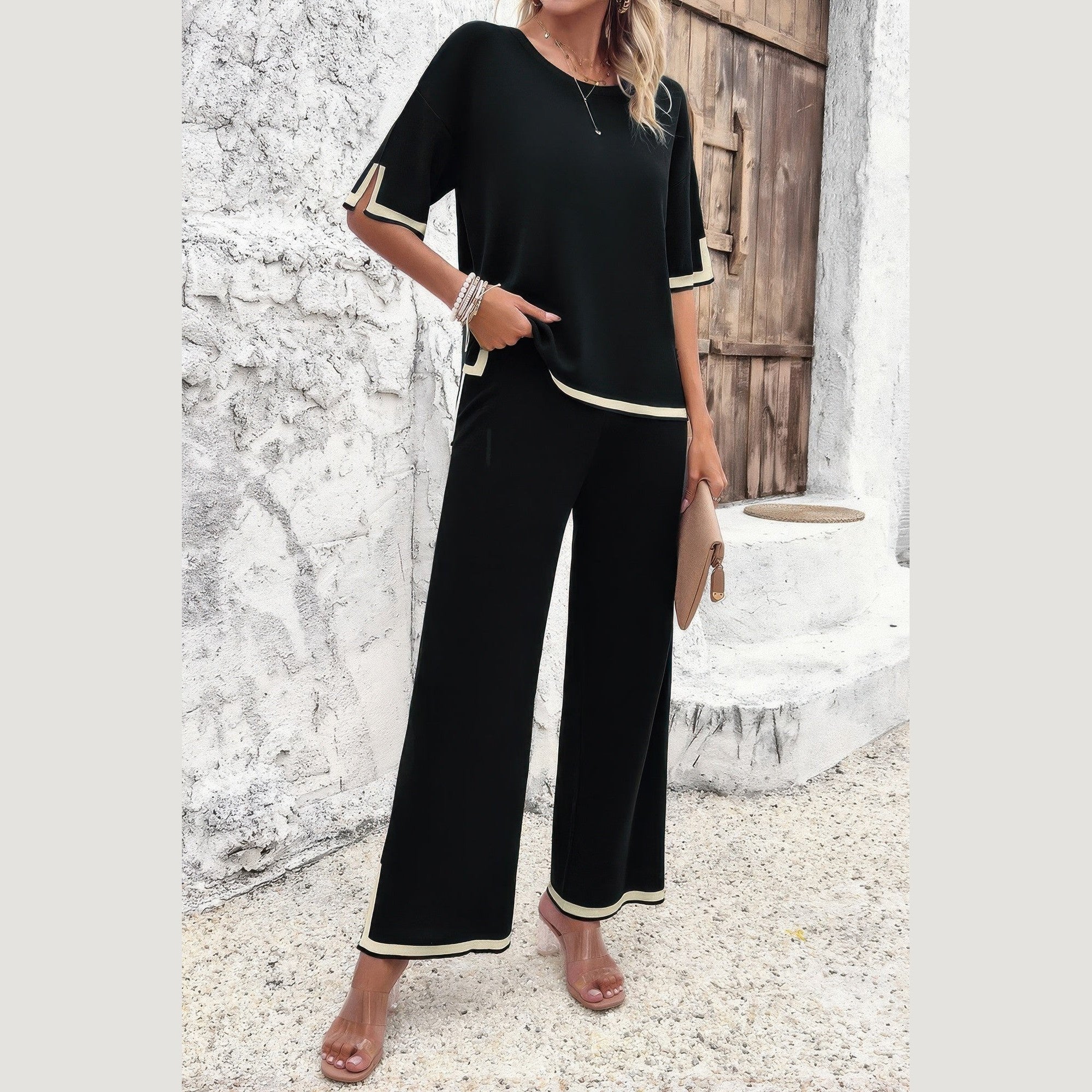 Vacation casual knitwear for women two-piece black outfit with white trim and wide-leg pants