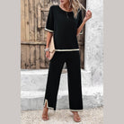 Vacation casual knitwear for women black two-piece outfit with beige trim and wide-leg pants