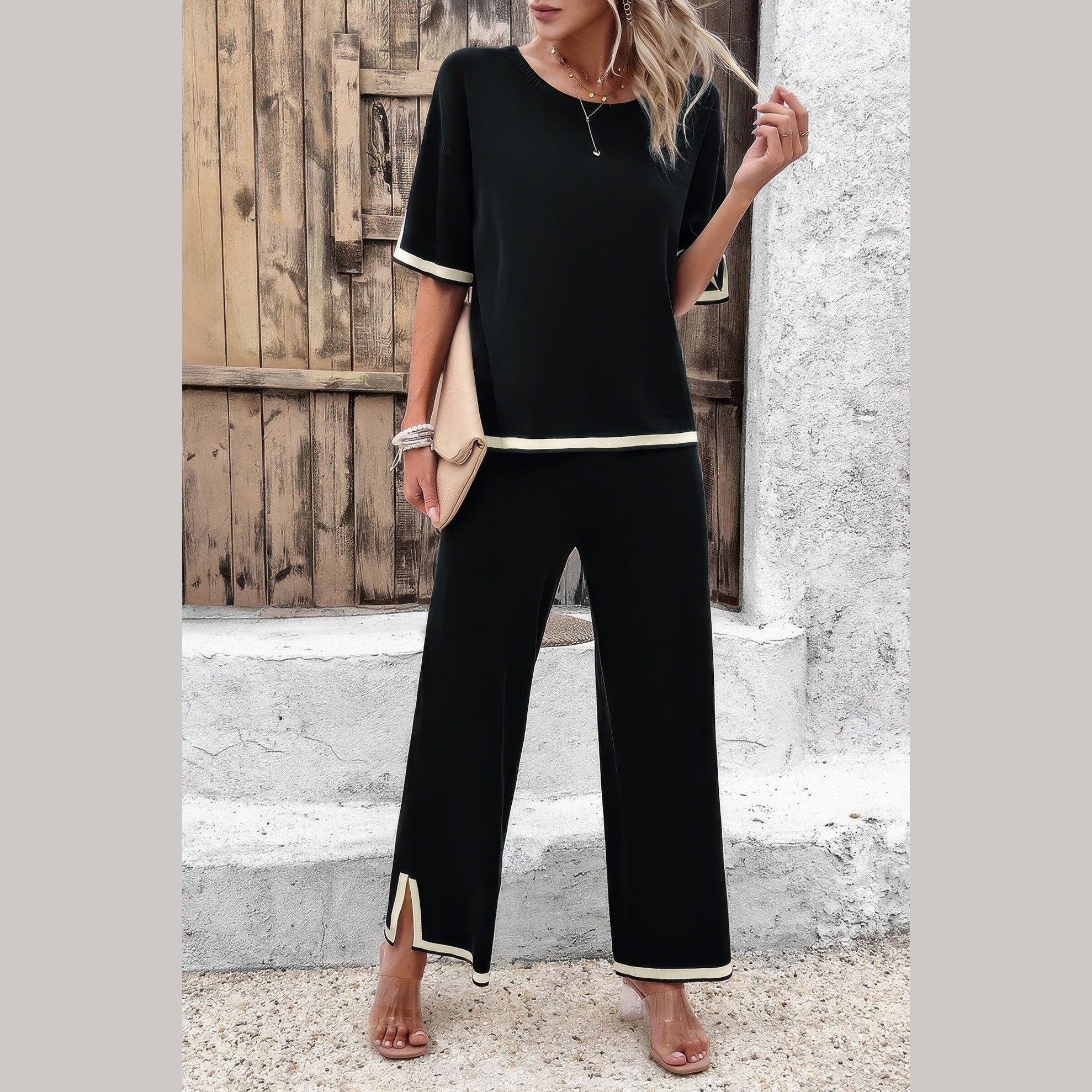 Vacation casual knitwear for women black two-piece outfit with beige trim and wide-leg pants