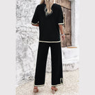 Vacation casual knitwear for women black two-piece outfit with beige trim by VacationGrabs