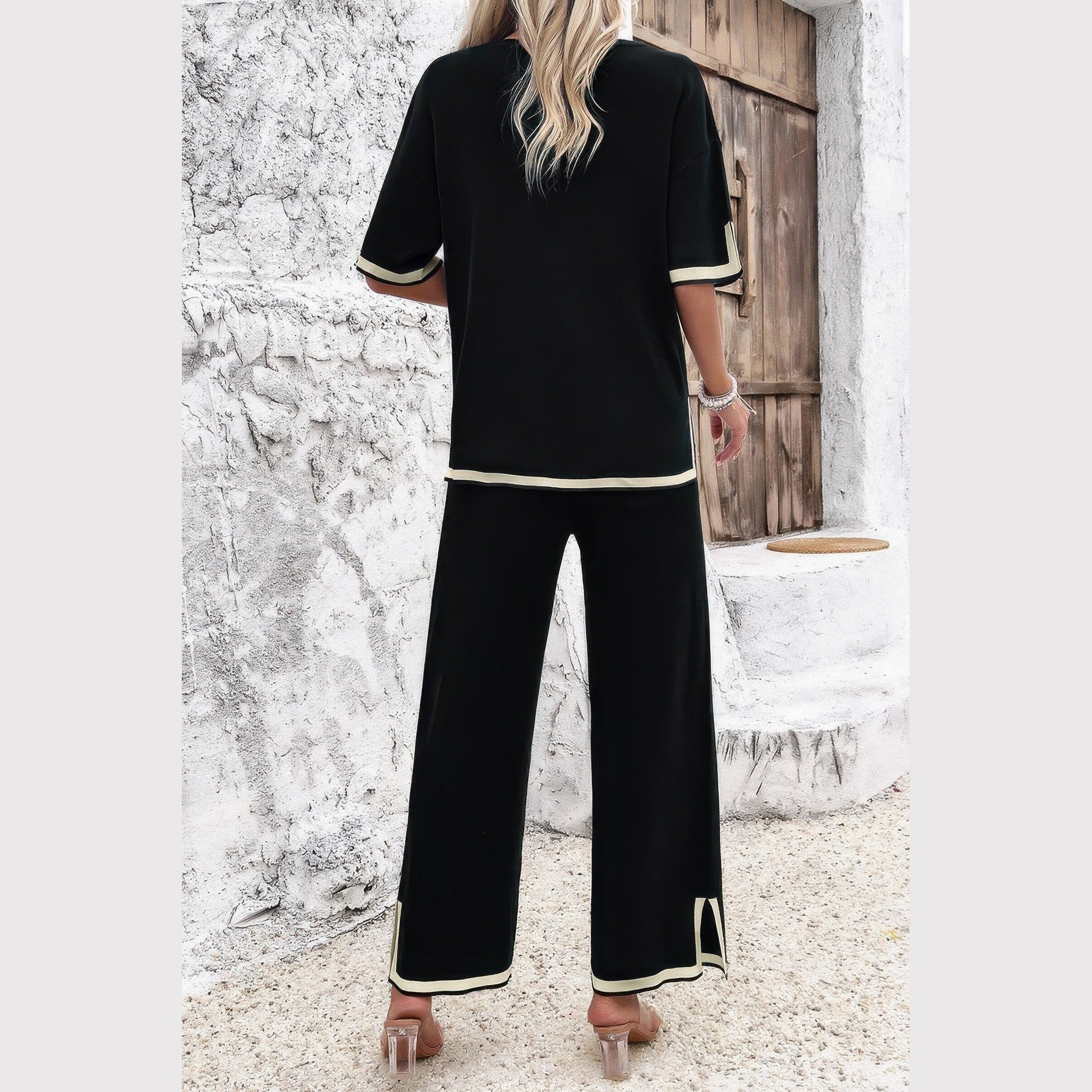 Vacation casual knitwear for women black two-piece outfit with beige trim by VacationGrabs
