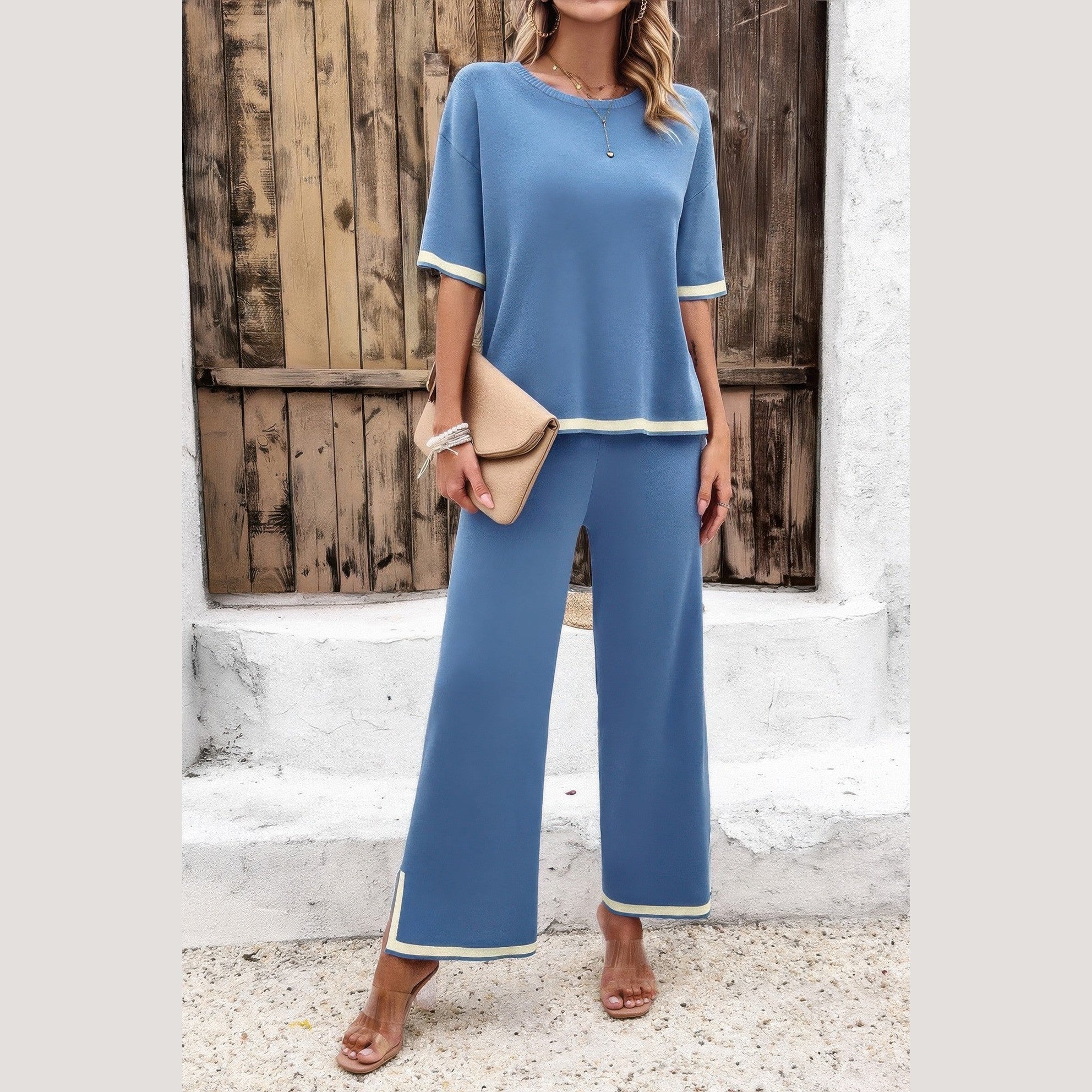 Vacation casual knitwear for women two-piece blue knit outfit with short sleeves and wide-leg pants