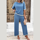 Vacation casual knitwear for women blue two-piece outfit set with white trim and wide-leg pants