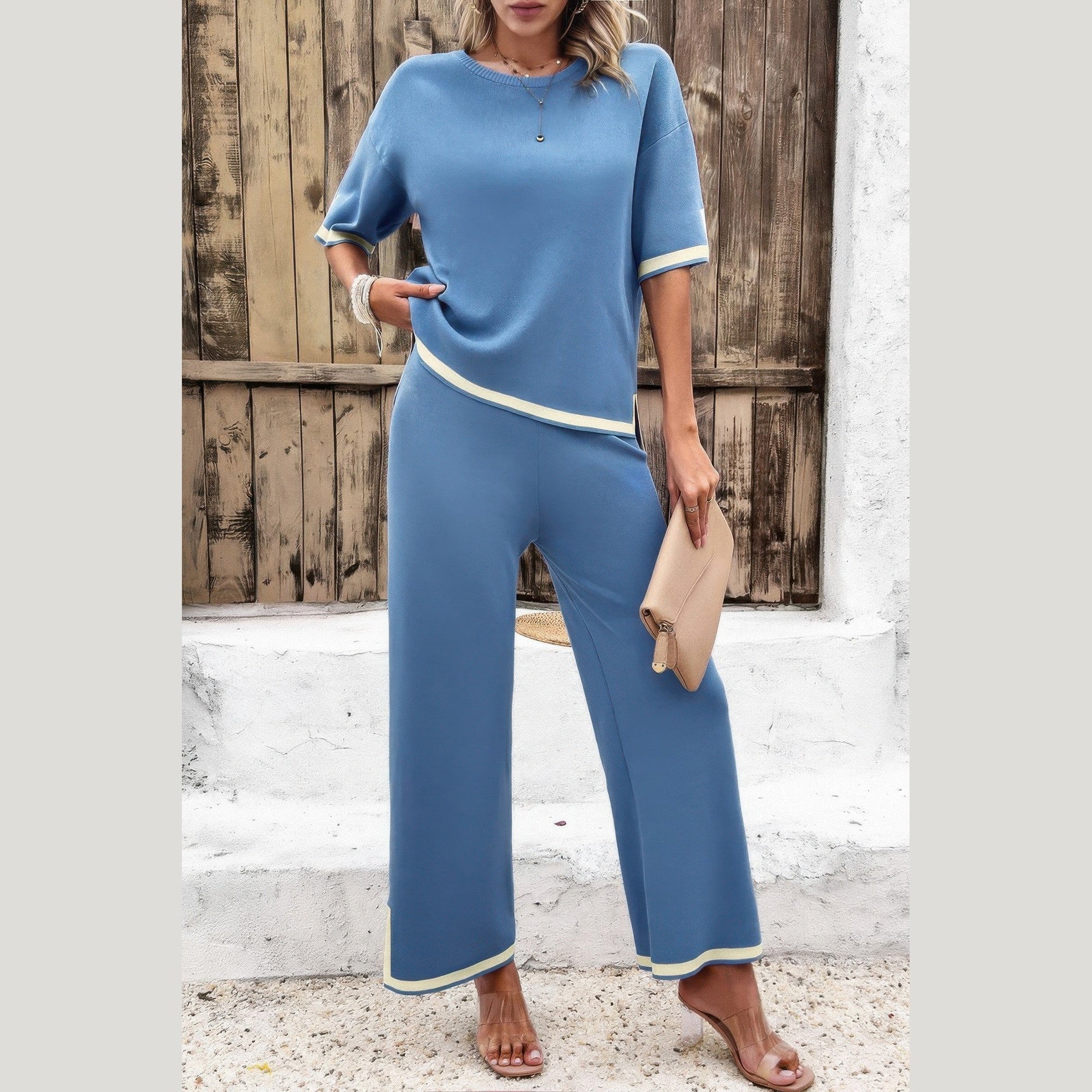 Vacation casual knitwear for women blue two-piece outfit set with white trim and wide-leg pants